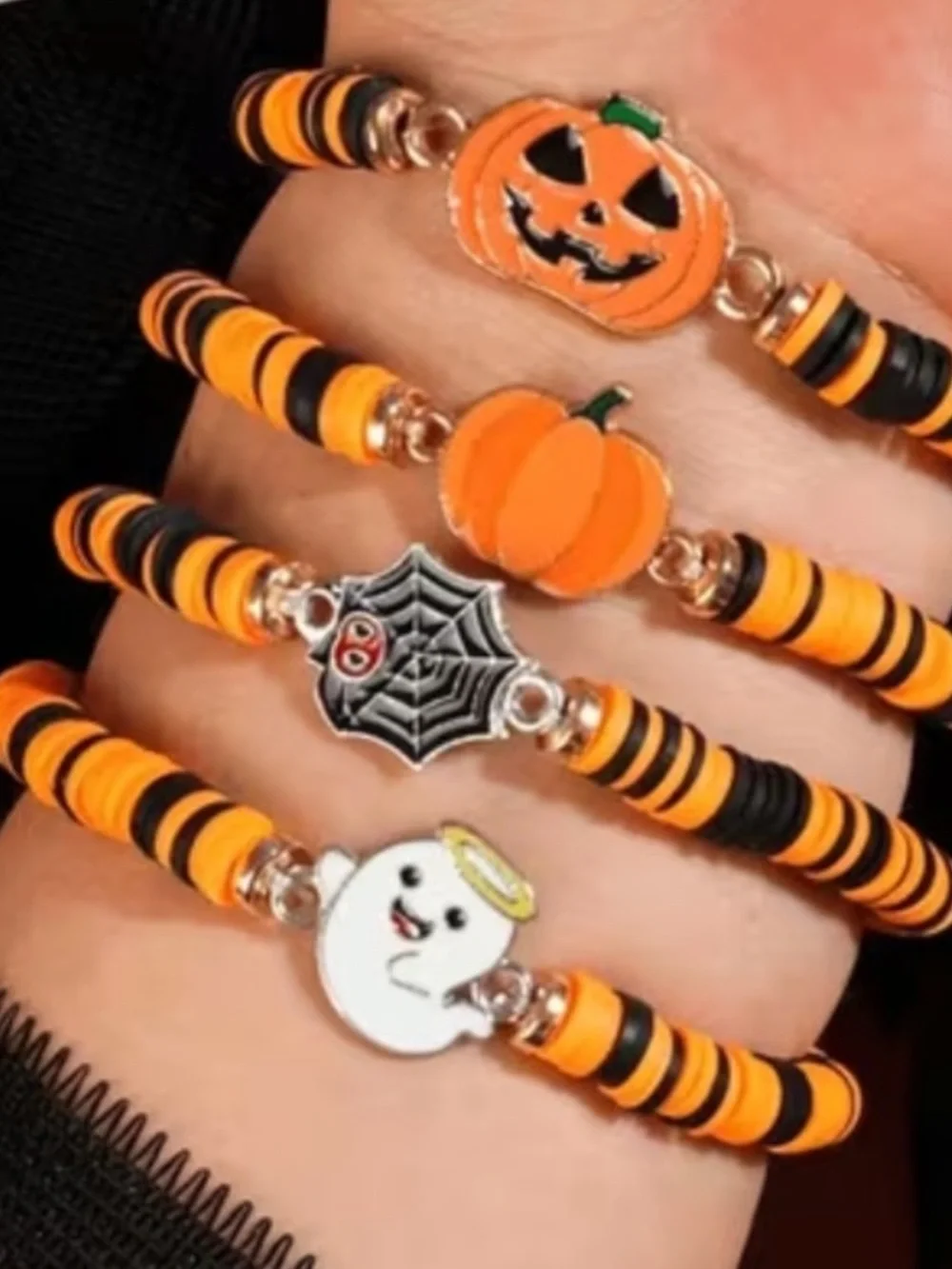 Halloween Pumpkin Beaded Kids Bracelet - Orange & Black NEW